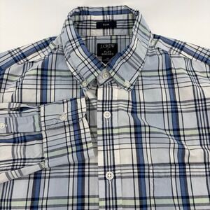 J.Crew Mens Slim Flex Washed Plaid Button Down Shirt Blue White Green Medium